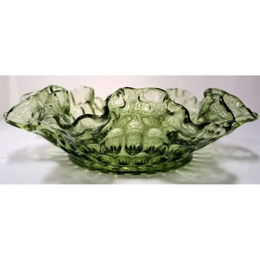 Vintage Fenton Colonial Green Ruffle Edge Thumbprint Pattern Glass Bowl